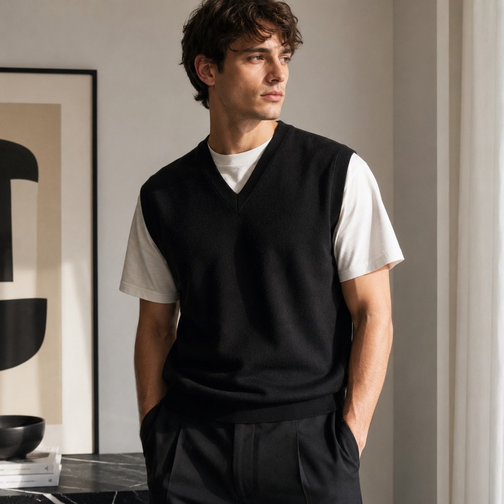 COS Mens Black V Neck Sweater Vest Large Minimalist Knit Pullover